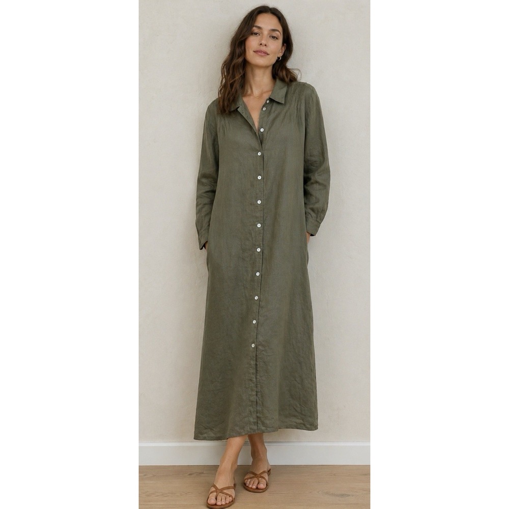 Orvis Olive Green Long Button-Front Shirt Dress